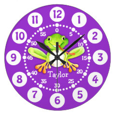 Kids cute frog purple green wall clock