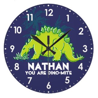 Kids dinosaur Stegosaurus blue green name clock