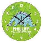Kids dinosaur Stegosaurus green blue name clock wall clocks