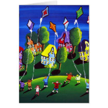 Kids Flying Kites Folk Art Greeting Cards