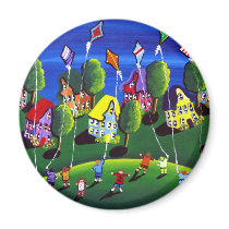 Kids Flying Kites Folk Art Refrigerator Magnet