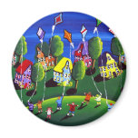 Kids Flying Kites Folk Art magnets