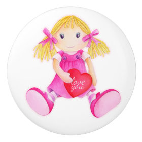 Kids girl rag doll watercolor art knob handle ceramic knob