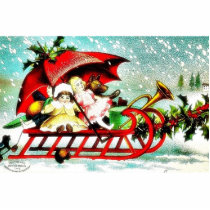 kids going by a cart top covered by santa umbrella photo sculptures