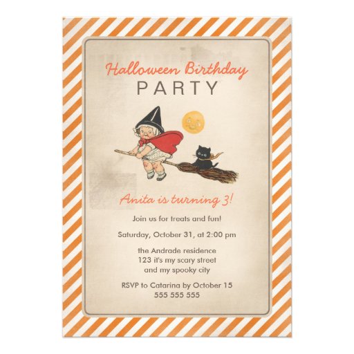 Kids Halloween Birthday Party Cute Witch Broom Cat Custom Invite (front side)