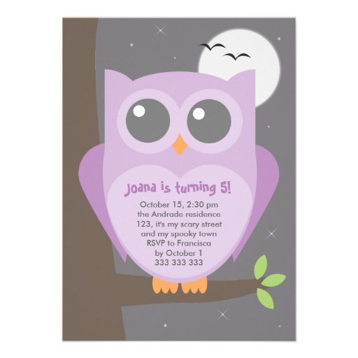 Kids Halloween Birthday Party Purple Owl Tree Announcements