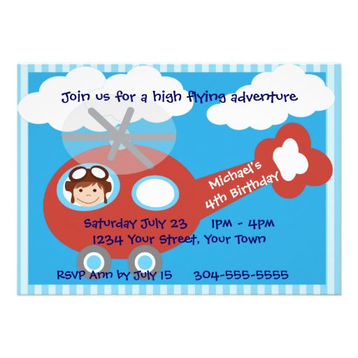 Kids Helicopter Birthday Party Custom Announcements