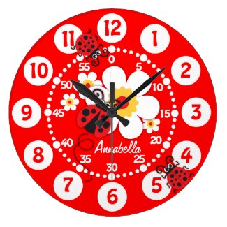 Kids ladybug & flowers bright red wall clock