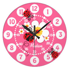 Kids ladybug & flowers cute pink girls wall clock