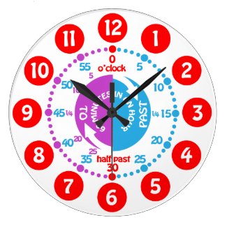 Kids learn to tell time white red purple clock
