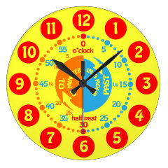 Kids learn to tell time yellow red wall clock