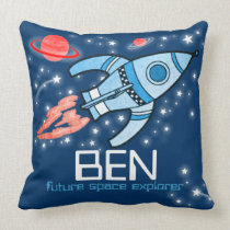 Kids name rocket space explorer blue pillow
