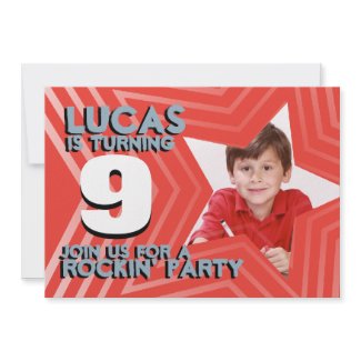 Kids photo boys 9th birthday party red blue invite
