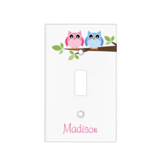 Kids Pink and Blue Owl Personalized Light Switch Plate