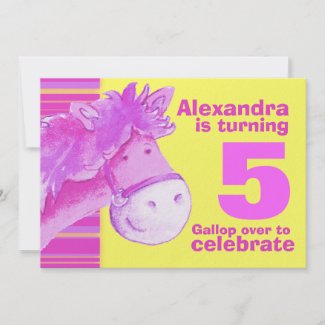 Kids pony 5th birthday pink yellow birthday invite