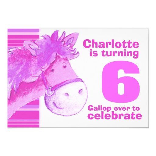 Kids pony 6th birthday pink white birthday invite