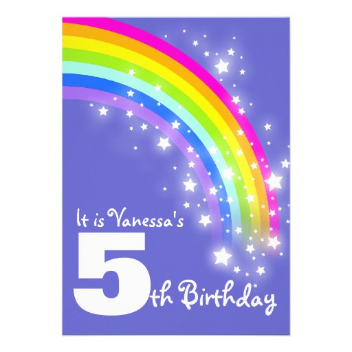 Kids purple pink rainbow 5th birthday invite
