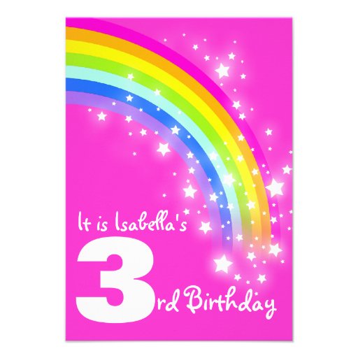 Kids rainbow 3rd birthday pink birthday invite