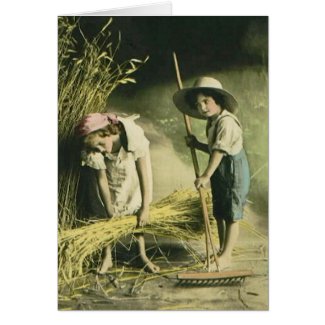 Kids Raking Hay 1903 Vintage Hand Colored card