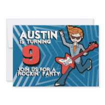 Kids rockstar boy 9th birthday blue invitation