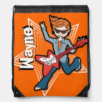 Kids rockstar name orange white drawstring bag