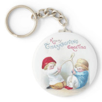 Kids Tug on Giant Wishbone Vintage Thanksgiving Keychains