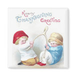 Kids Tug on Giant Wishbone Vintage Thanksgiving Refrigerator Magnet