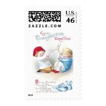 Kids Tug on Giant Wishbone Vintage Thanksgiving Postage Stamps