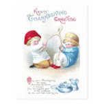 Kids Tug on Giant Wishbone Vintage Thanksgiving Postcard