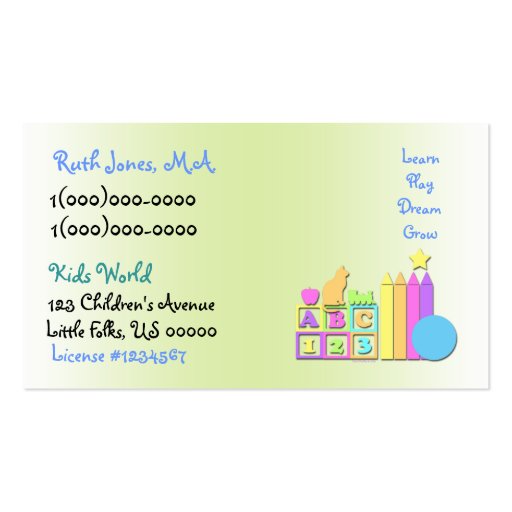 Kids World Daycare Business Card (front side)