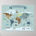 Kids World Map with Pictures and Animals Poster