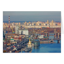 Kiev bussines and industry city landscape on river card