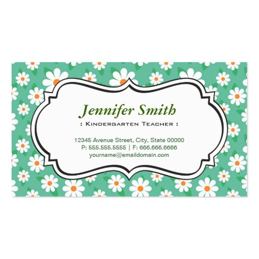 Kindergarten Teacher - Elegant Green Daisy Business Cards (front side)