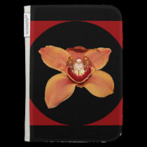 Kindle Case, Cymbidium Flower on Black Circle, Red caseable cases