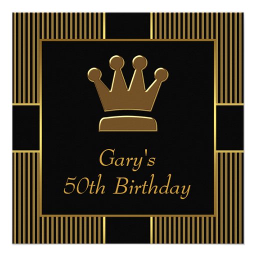 King Crown Mans Black Gold Birthday Party Personalized Invites