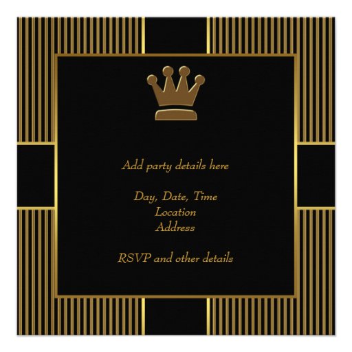 King Crown Mans Black Gold Birthday Party Personalized Invites