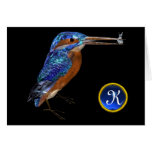 KINGFISHER MONOGRAM , Blue Sapphire, Black Greeting Cards