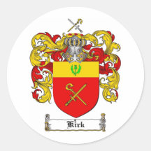 KIRK FAMILY CREST -  KIRK COAT OF ARMS ROUND STICKER