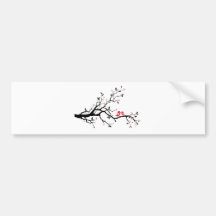 Kissing bird on tree branch with red heart leaves bumper stickers