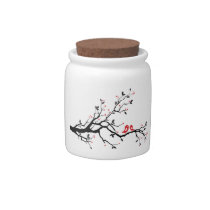 Kissing bird on tree branch with red heart leaves candy jars