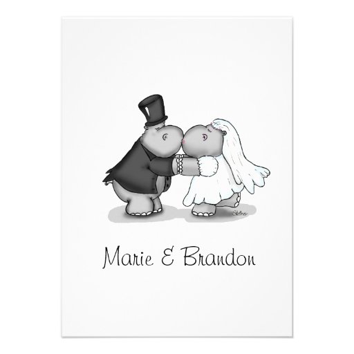 Kissing Bride & Groom Hippos Personalize Personalized Invitations