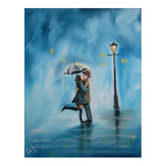 Kissing couple rainy day streetlamp umbrella print