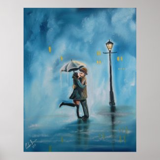 Kissing couple rainy day streetlamp umbrella poster