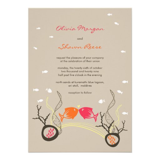 Kissing Fishes Corals Beach Whimsical Cute Wedding Card (front side)