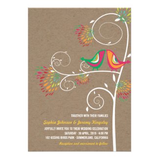 Kissing Summer Birds Whimsical Kraft Paper Wedding Personalized Invitations
