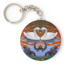Kissing Swans in Love, Heart Shape Necks Keychains