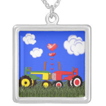 Kissing Tractors and Hearts Necklace