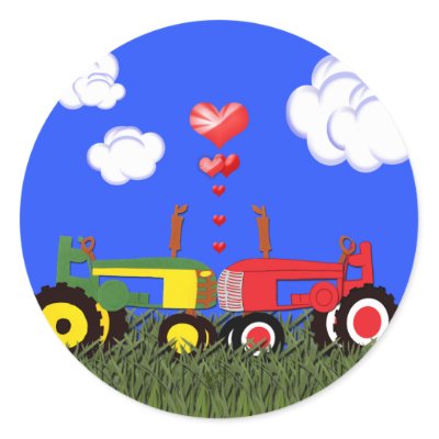 Kissing Tractors under Hearts Round Sticker