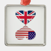 Kissing USA and UK Hearts Flags Art Christmas Tree Ornaments
