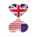 Kissing USA and UK Hearts Flags Art Postcard
